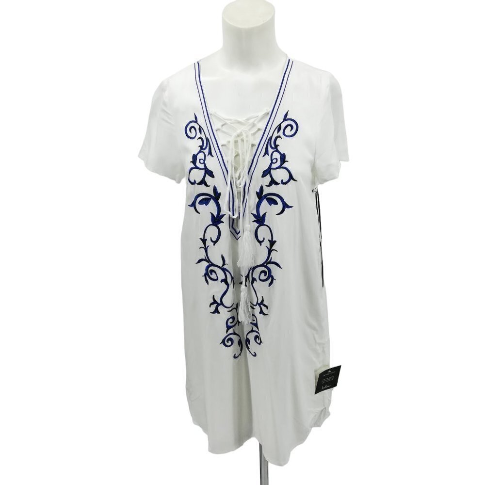 Lulus Down in Kokomo Lace Up Embroidered Shift Dress Size S White Blue New Boho